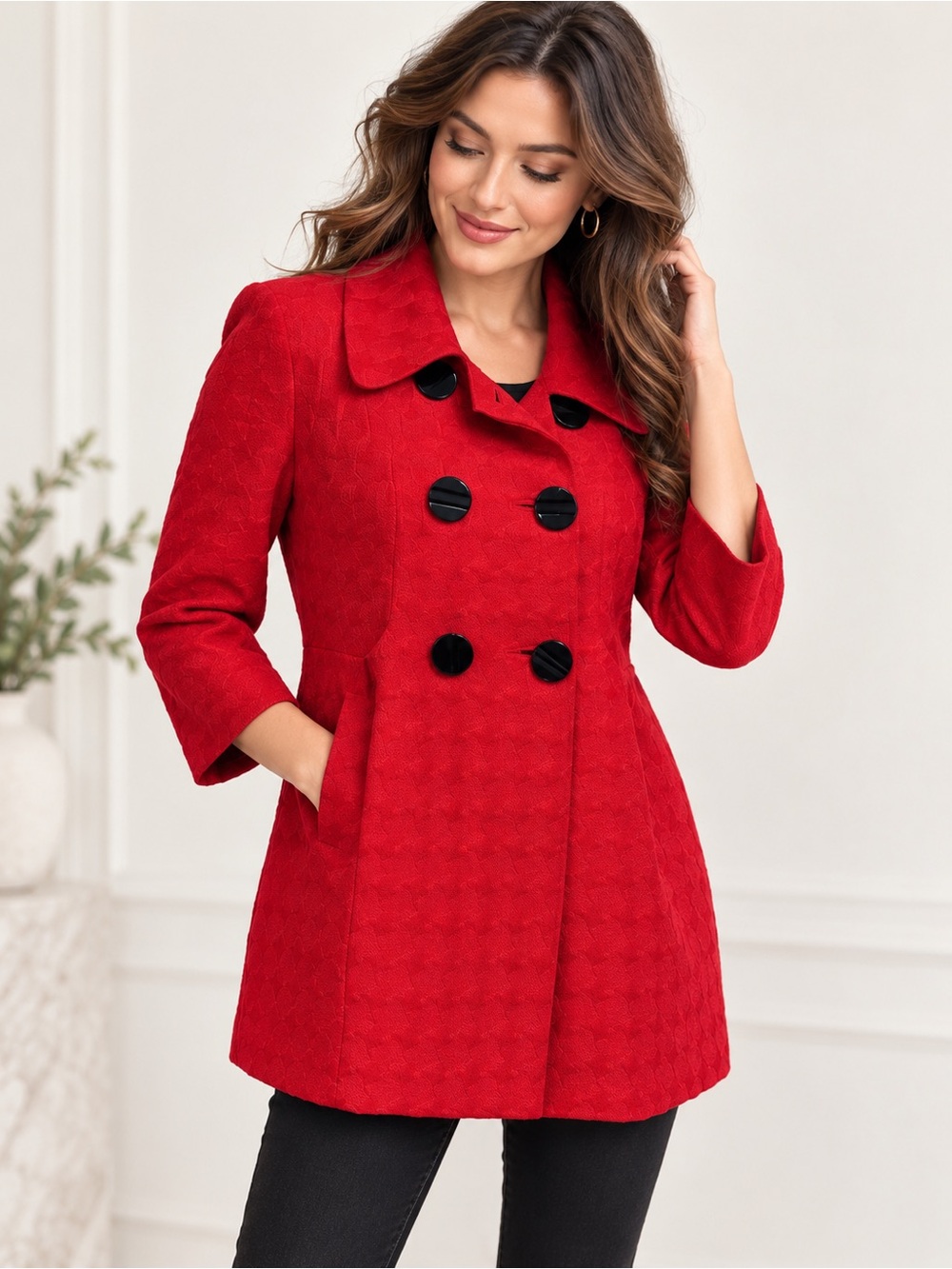 Mac & Jac Red Textured Pea Coat Jacket Large Double Breasted Statement